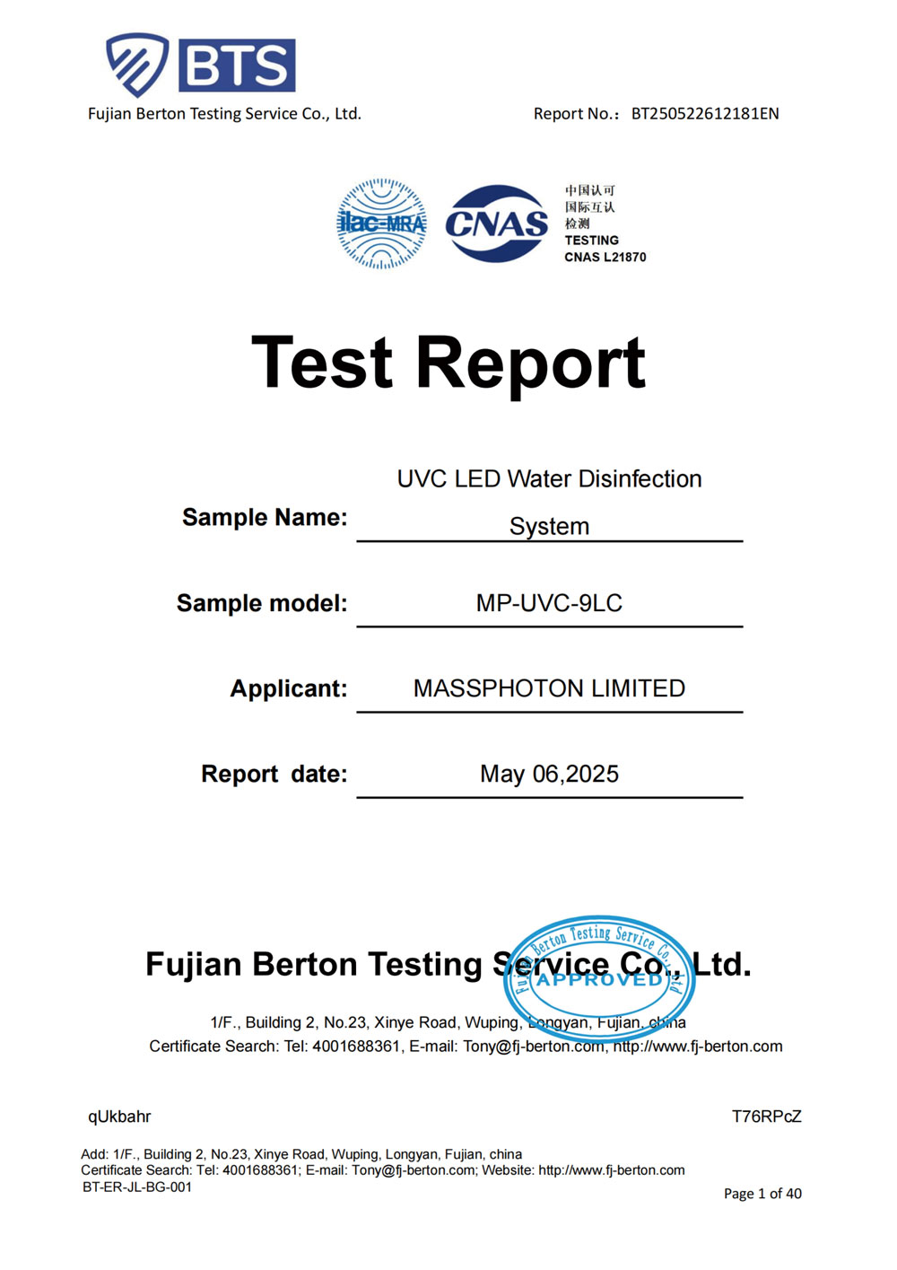 UV Water Disinfection Test Report – Proven Sterilization Effectiveness UV Water Disinfection Test Report
