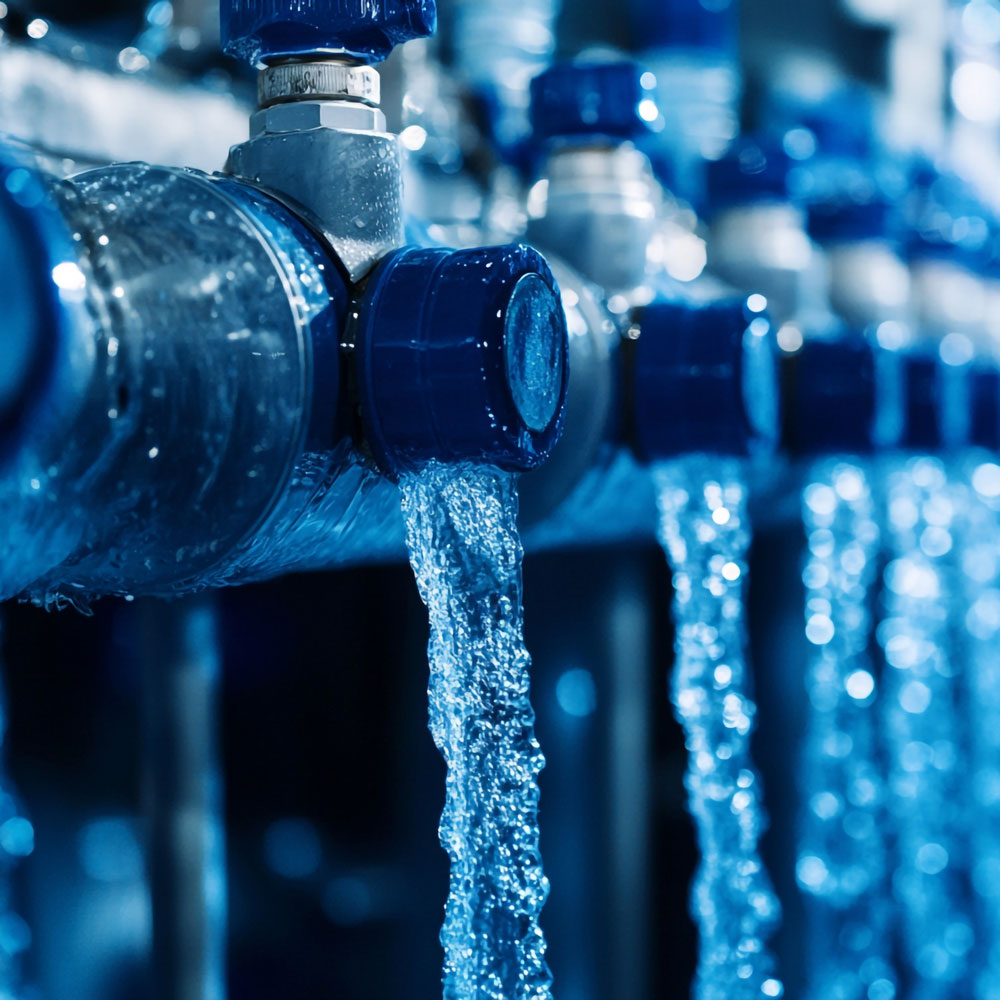 blue-valves-releasing-clean-water-flowing-down-row-industrial-setting