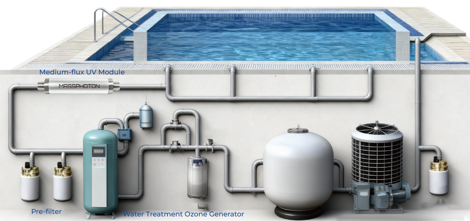 UV water purification system integrated into swimming pool circulation pipeline