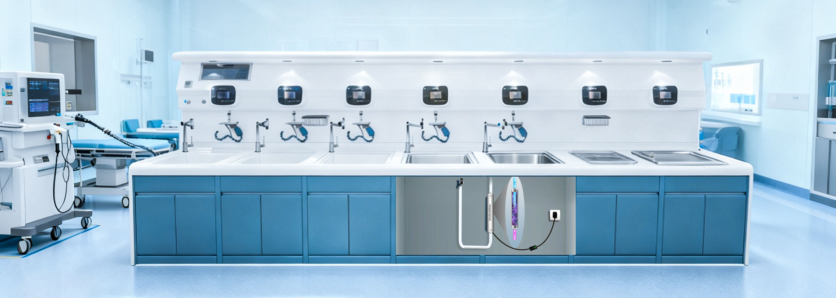 UV Sterilization System integrated into endoscope reprocessing water supply line