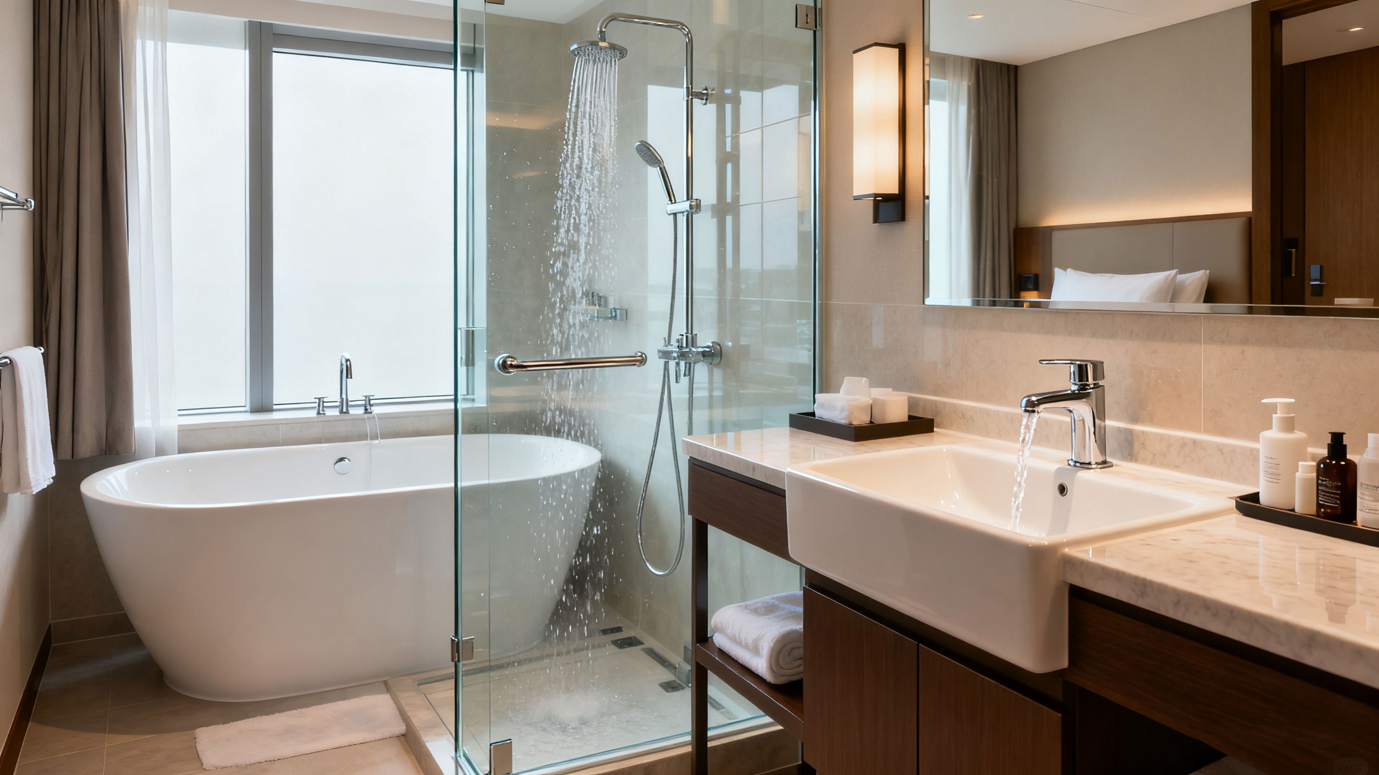 Hotel shower with UV-filtered water for softer skin and hair