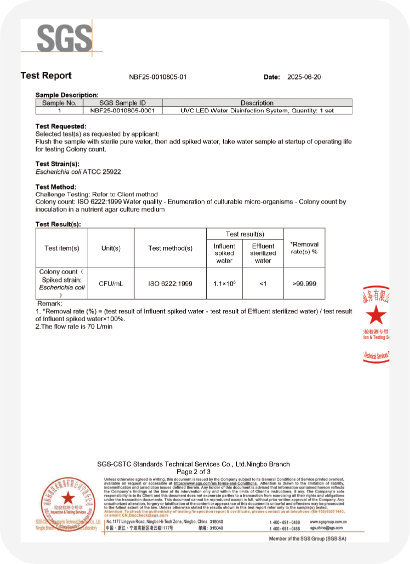UVC LED water disinfection module certifications: SGS / CE / ISO